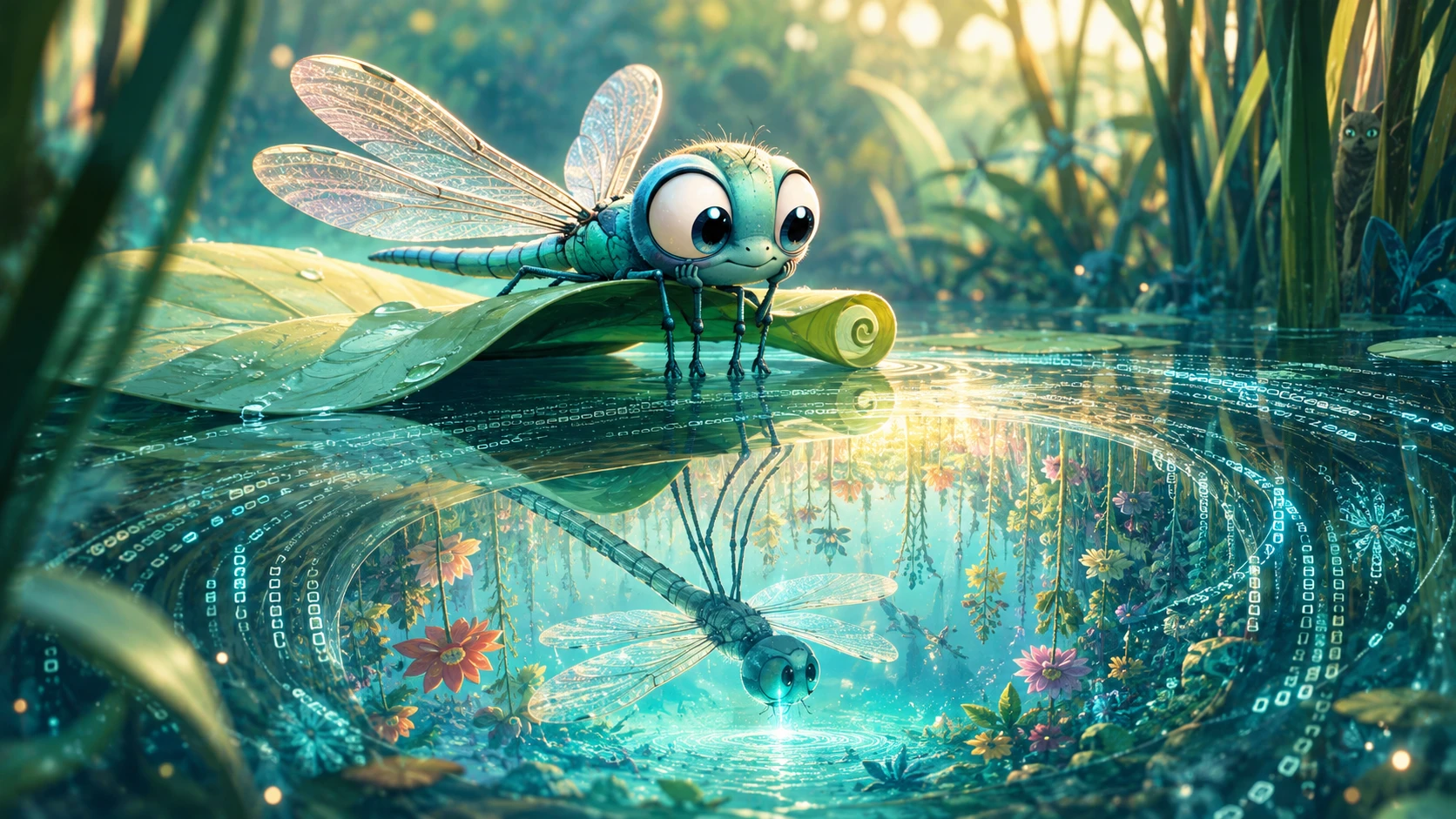 Baby dragonfly on lily leaf dreaming above a pond