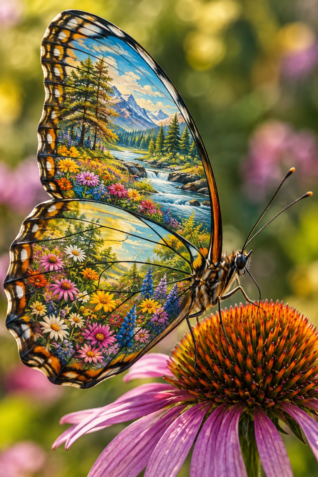 Butterfly With Painted Landscape Wings Resting On A Flower