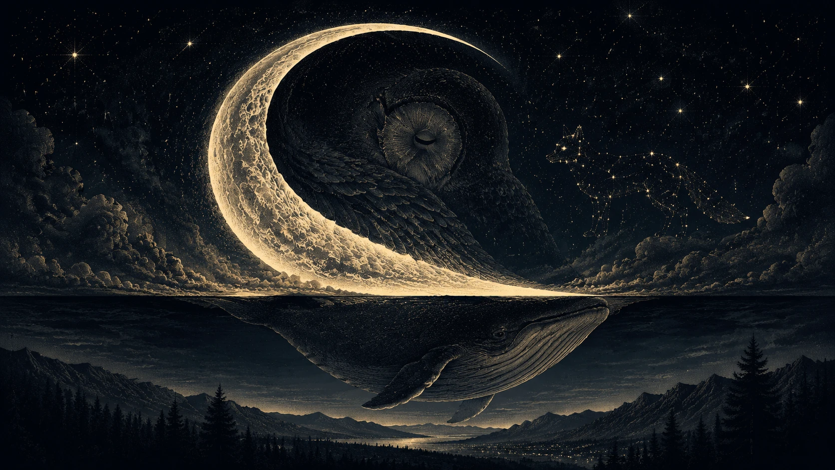Luna creciente sobre nubes estrelladas con formas ocultas de animales