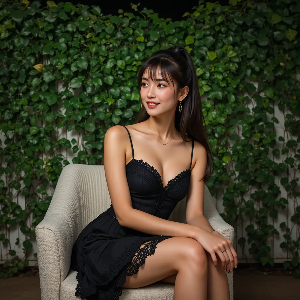 Woman in black mini dress seated by ivy at night