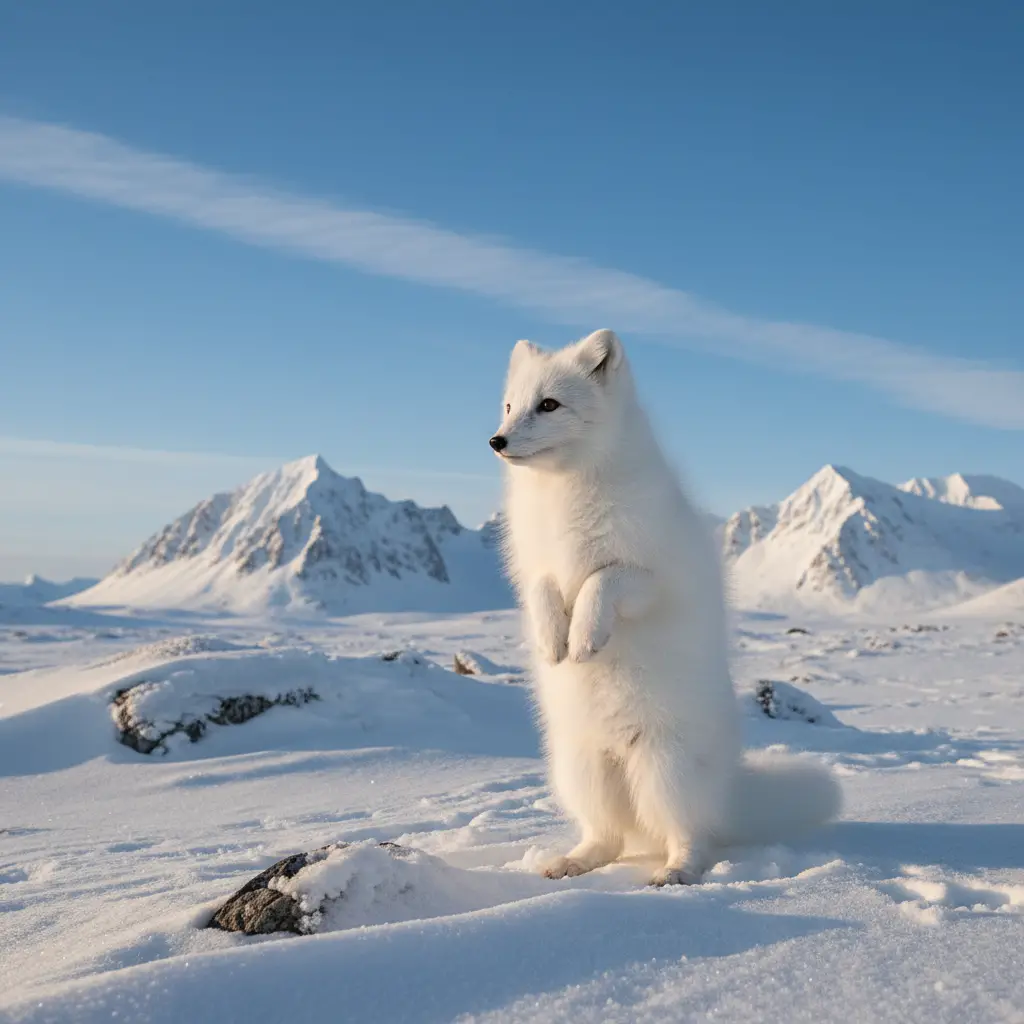 Curious arctic fox standing in a bright snowy landscape
