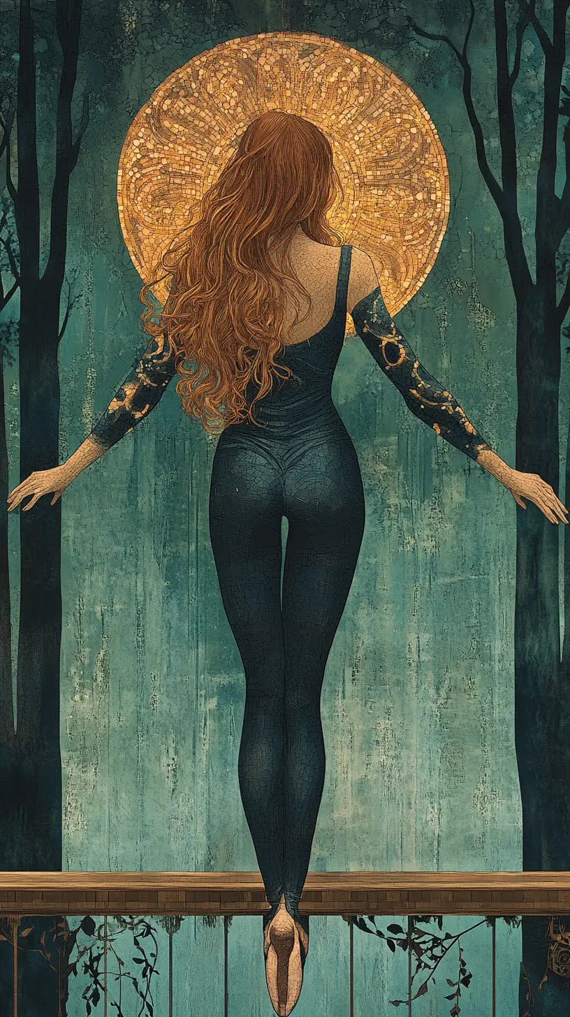 Graceful ballerina at barre in mosaic night forest