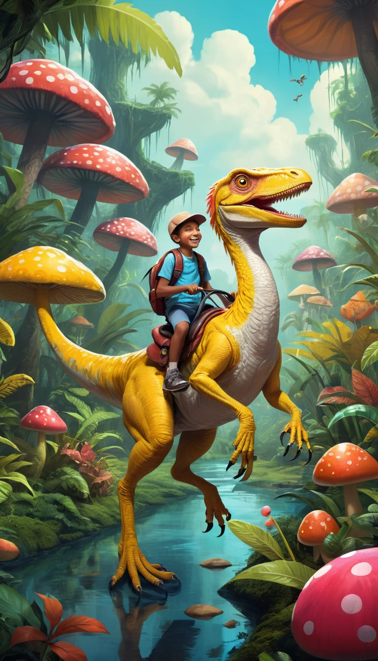 Child Riding A Dinosaur In A Candy Colored Fantasy Jungle