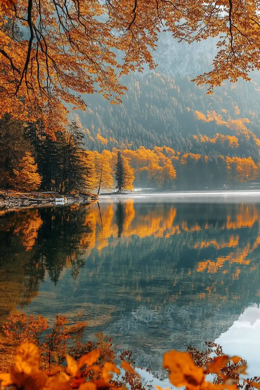 Curious fawn by a quiet autumn lake in golden light