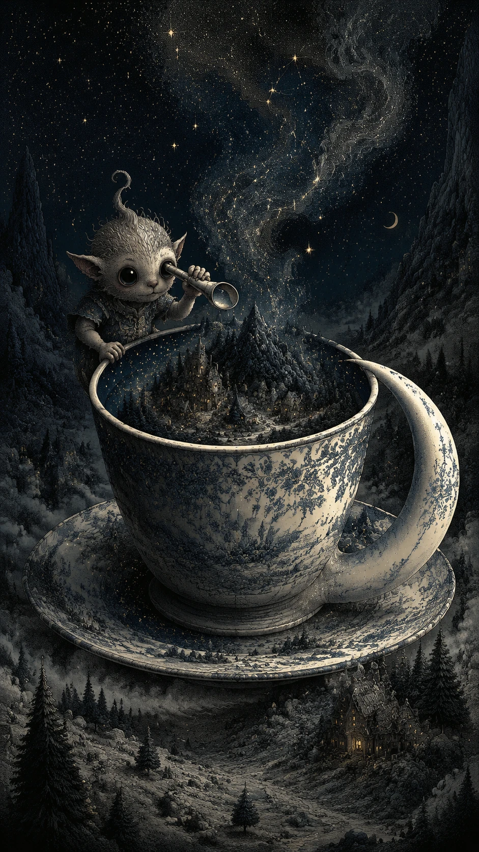 Gigantic Antique Teacup Holding A Miniature Nighttime World