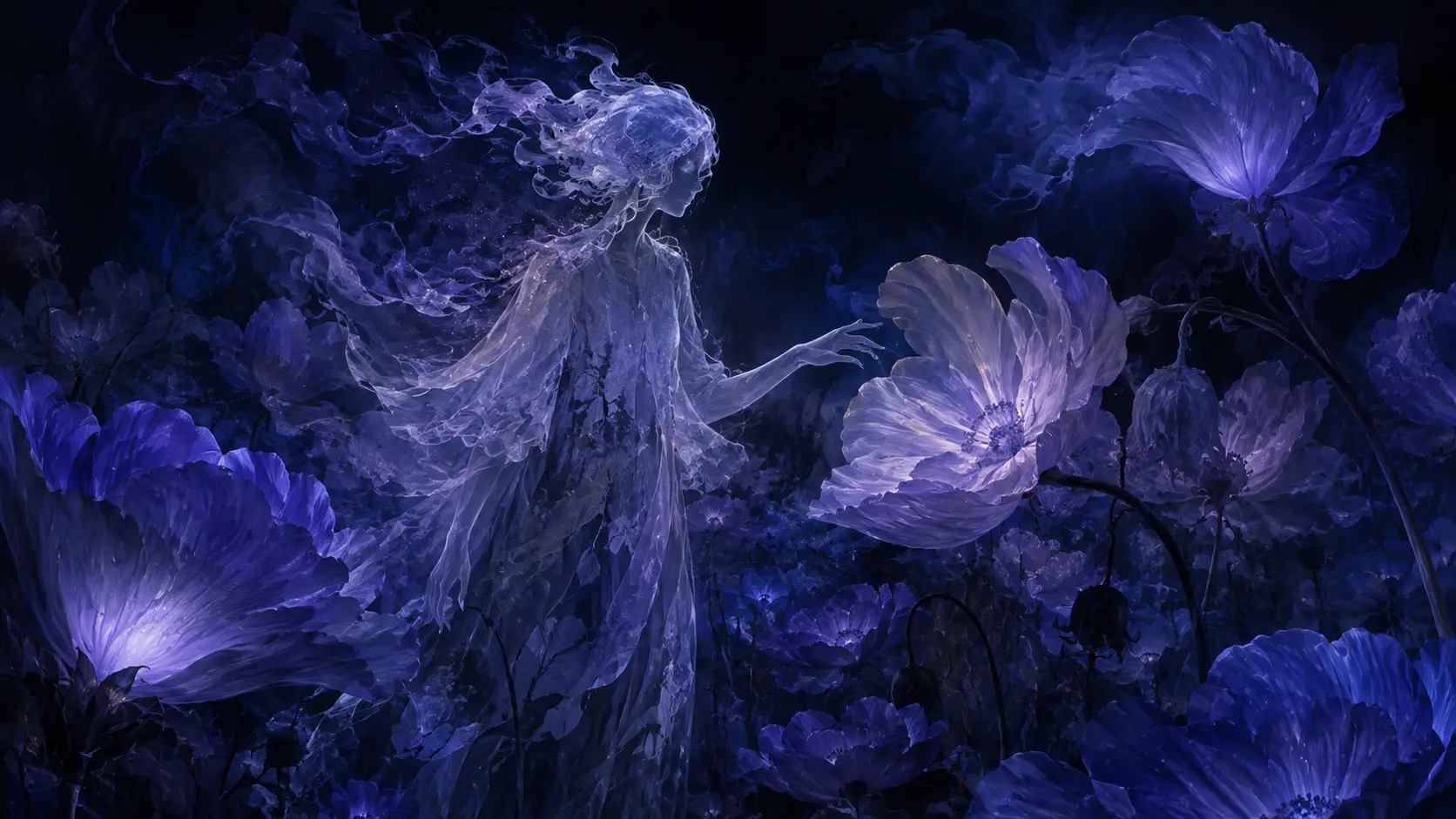 Ethereal Spectral Figure Among Giant Night Blooming Flowers