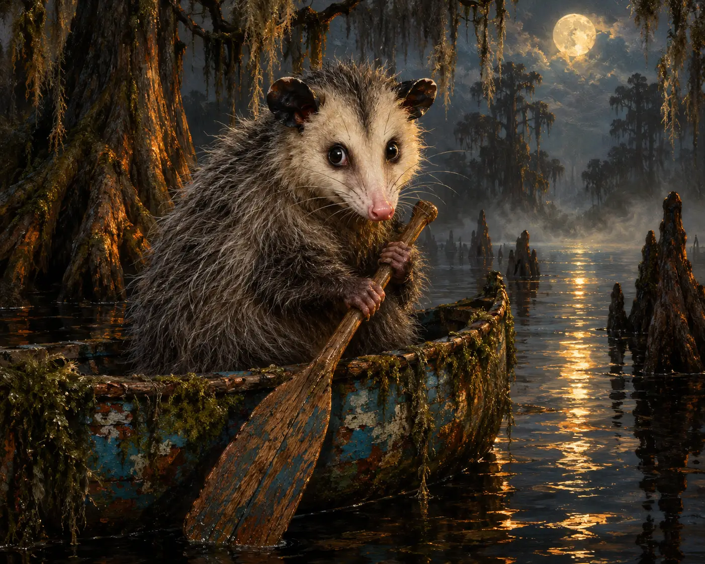 Opossum In Antique Canoe Under Moonlight In Swamp