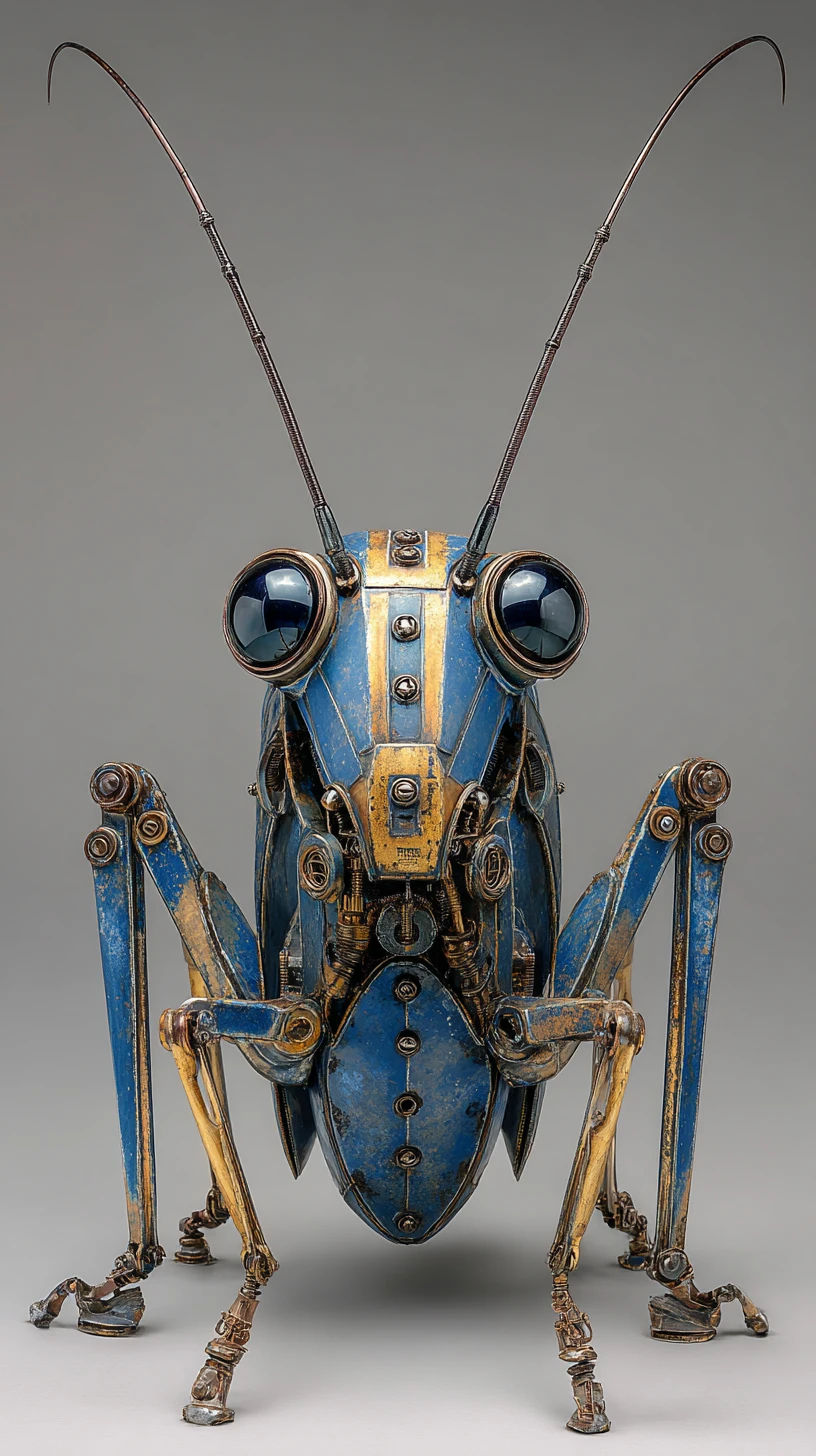 Biomechanical insect sculpture in front facing full body portrait