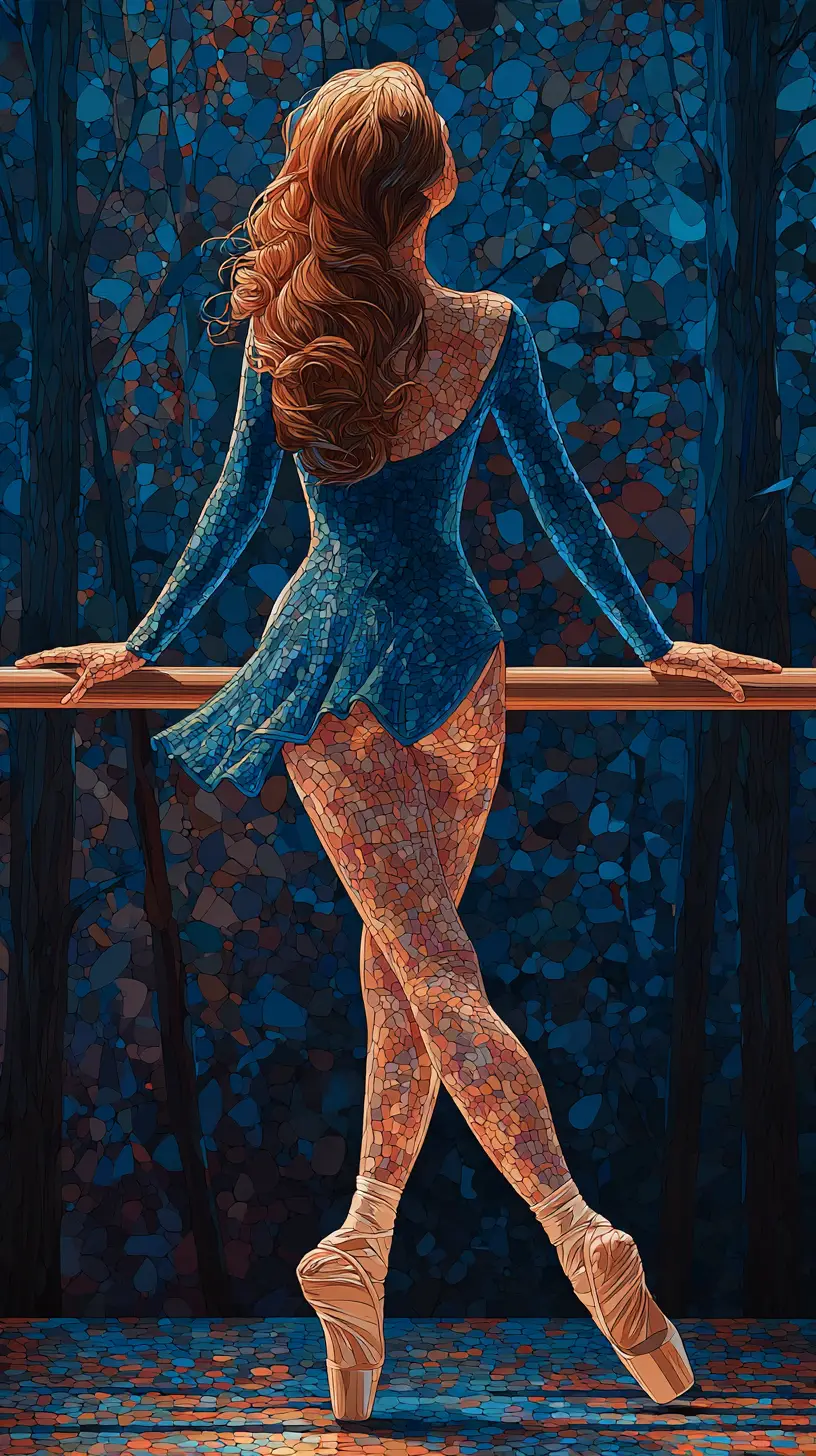 Graceful ballerina in blue mosaic unitard at barre