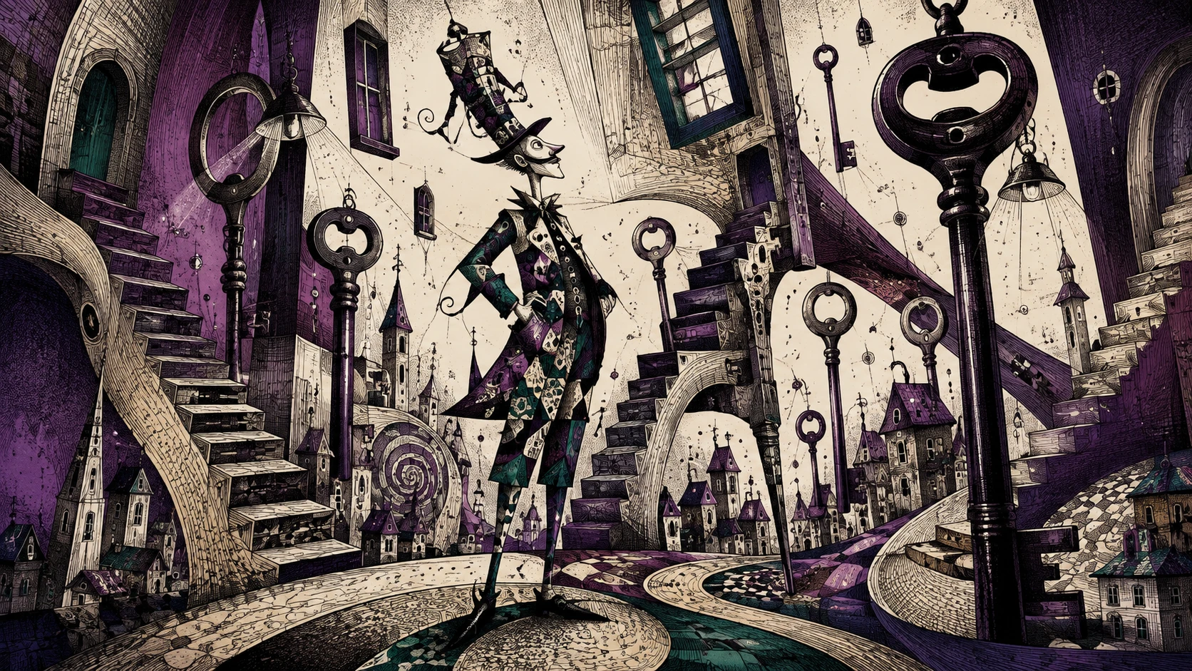 Tiny humanoid in a surreal town of impossible proportions