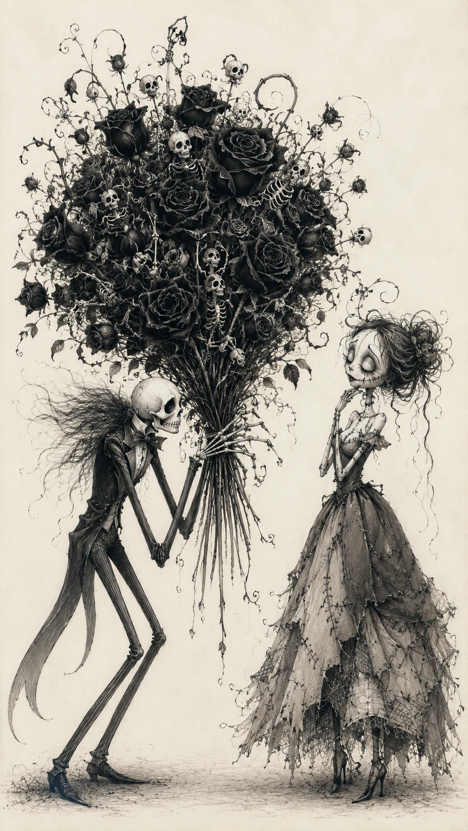 Skeleton suitor offering huge gothic bouquet to shy doll