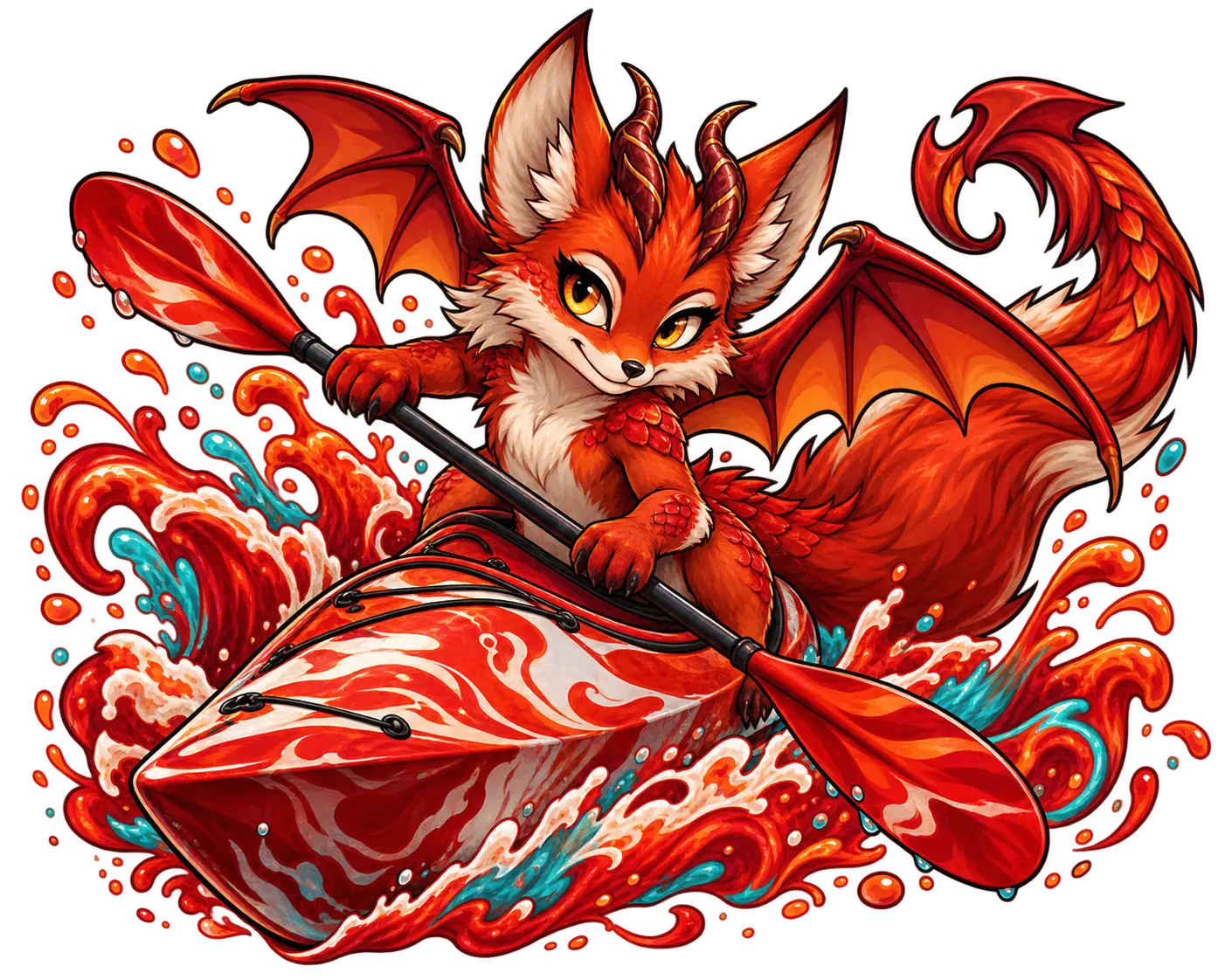 Playful fox dragon hybrid kayaking through splashing waves