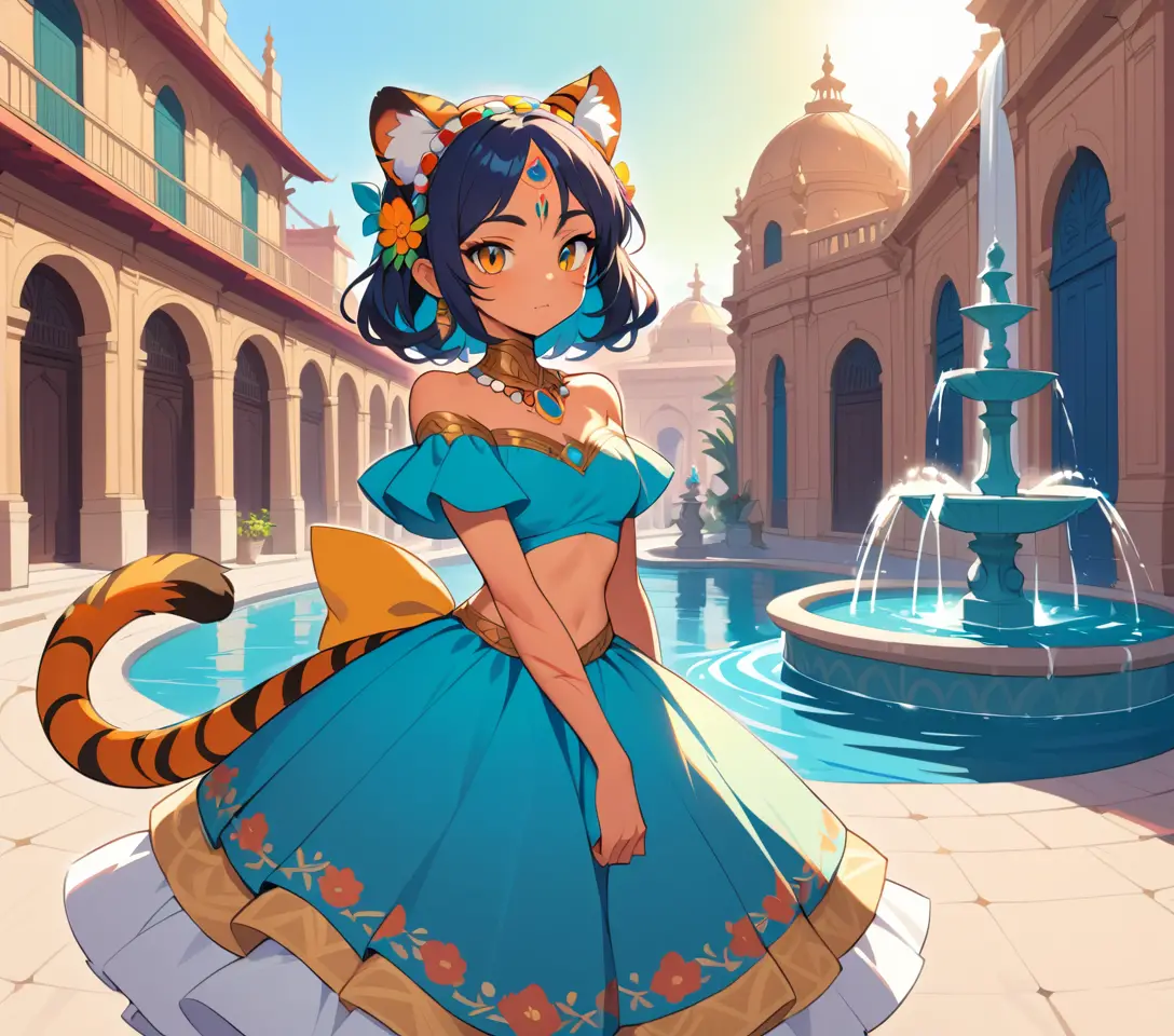 Mythic woman in pollera by azure fountains at noon