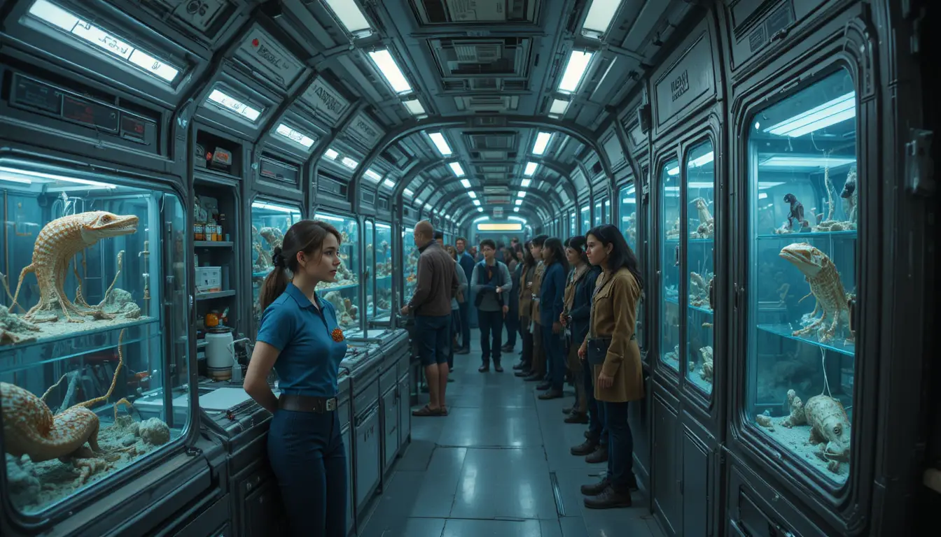 Young cadet labeling creature tanks in starship corridor shop
