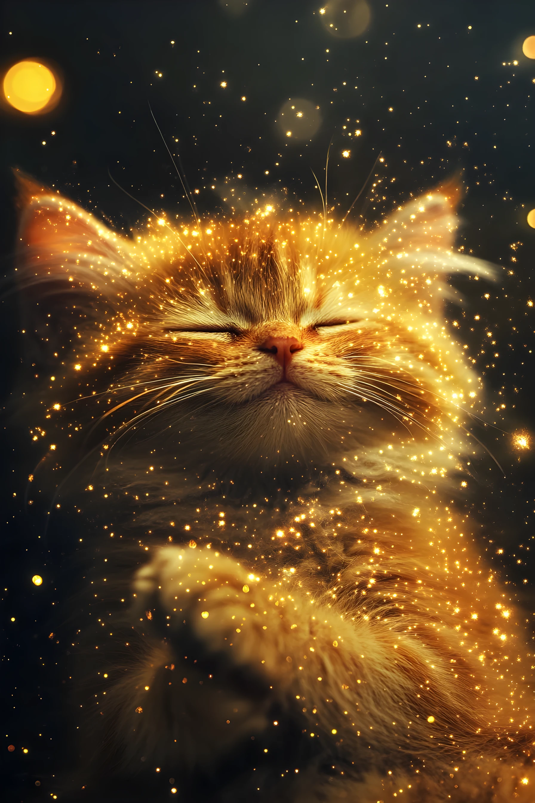 Lächelnde Galaxie-Katze mit leuchtendem Sternenfell und erhobener Pfote