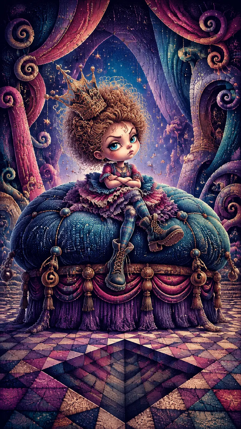Pequeña niña en trono de cojín gigante con mirada dramática