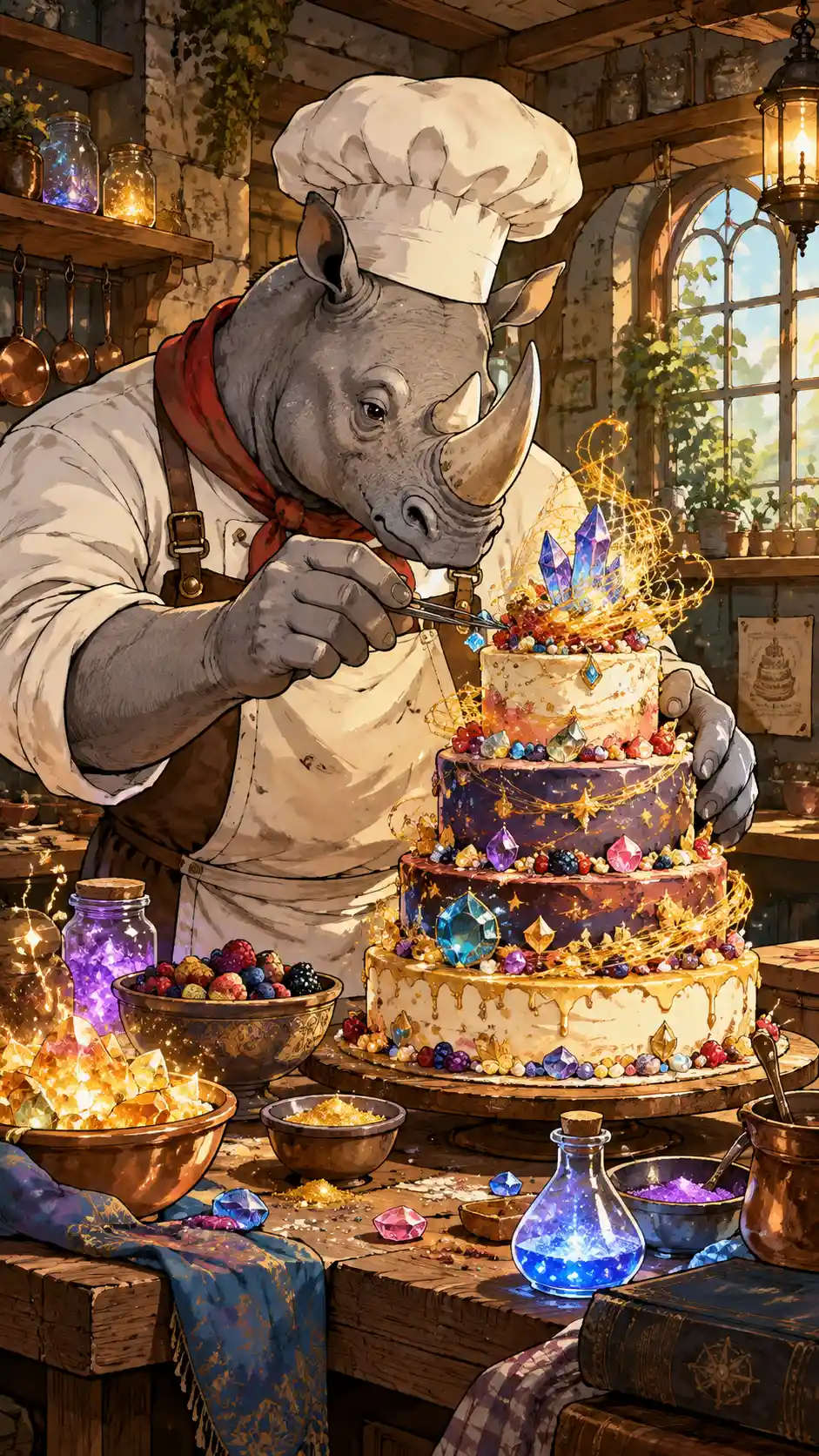 Chef rinoceronte antropomórfico creando una imponente tarta joya