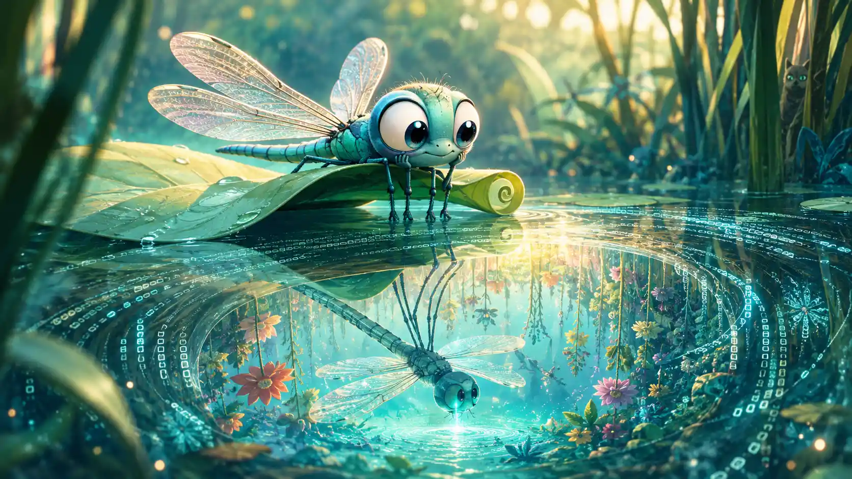 Baby dragonfly on lily leaf dreaming above a pond