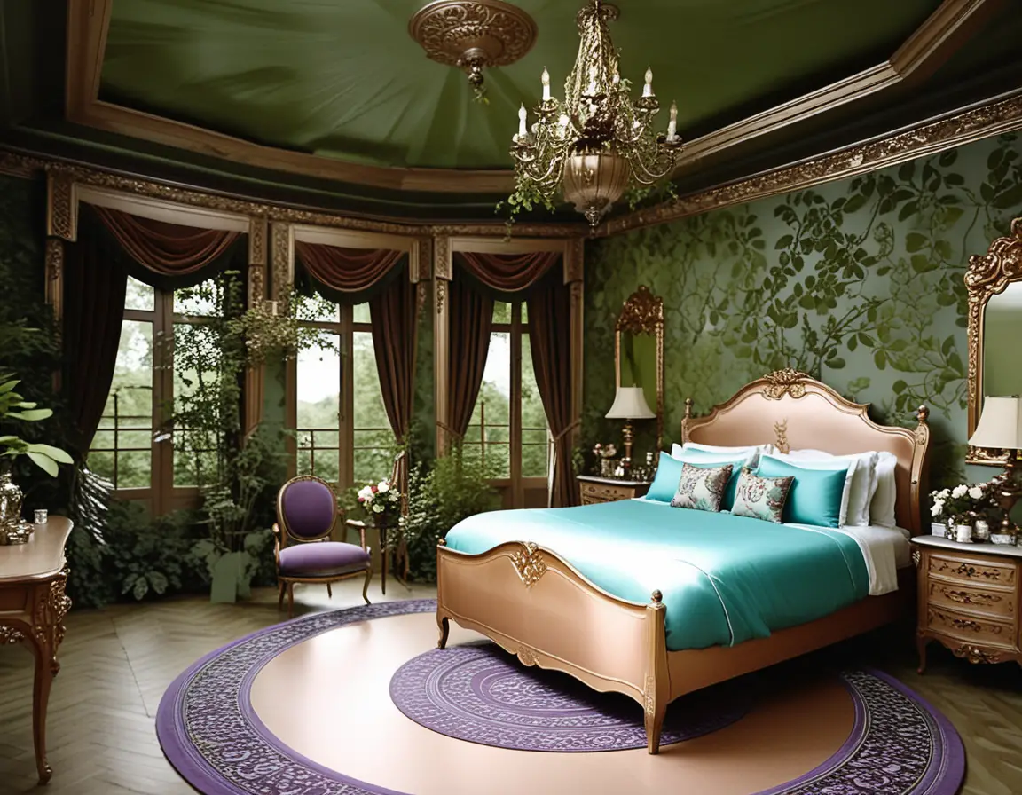 Luxurious vintage bedroom with carved bed and chandelier