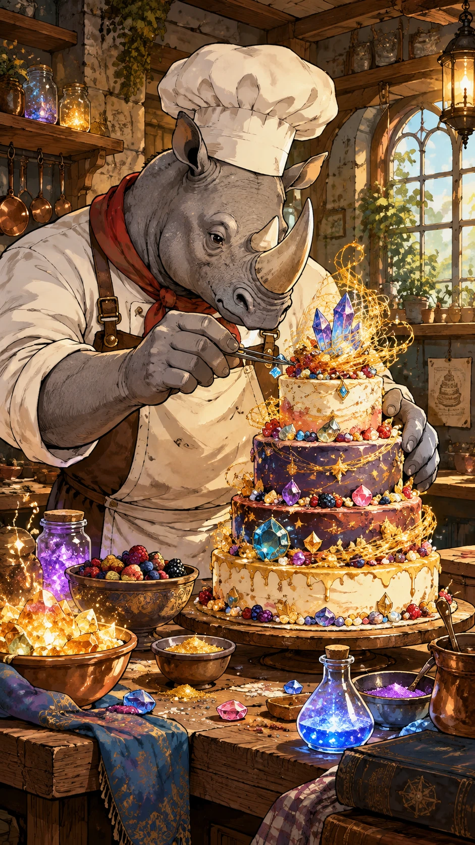 Chef rinoceronte antropomórfico creando una imponente tarta joya