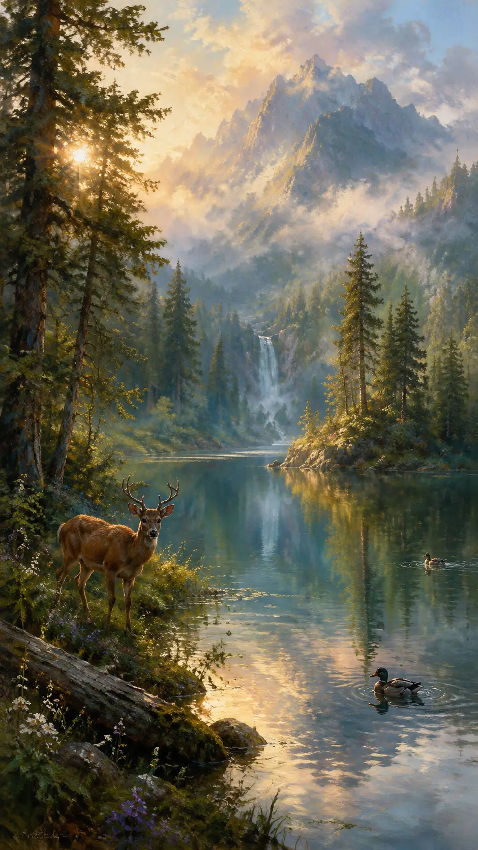 Tableau mystique à l’huile d’un lac isolé en forêt