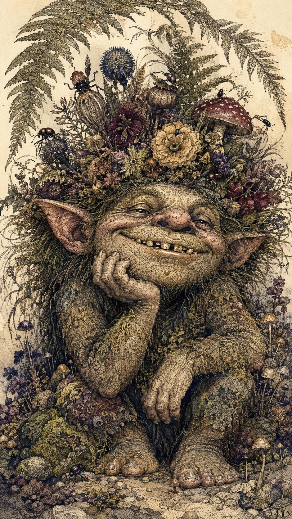 Retrato fantasioso de troll con corona floral de hongos