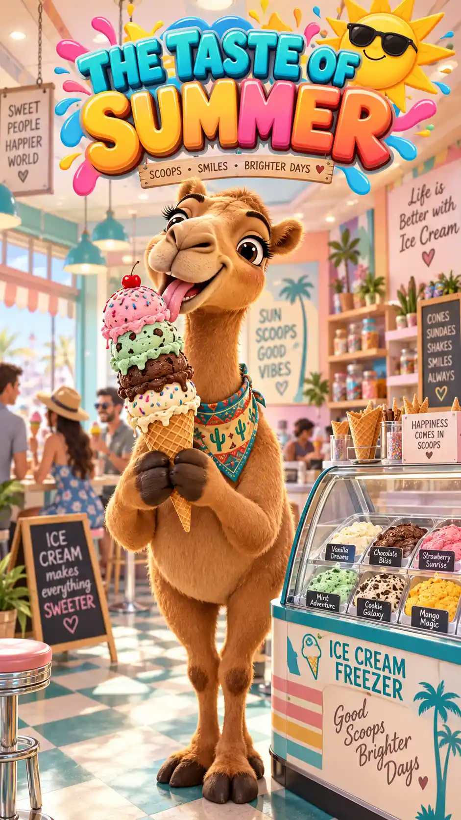 Cheerful camel enjoying ice cream in a retro shop