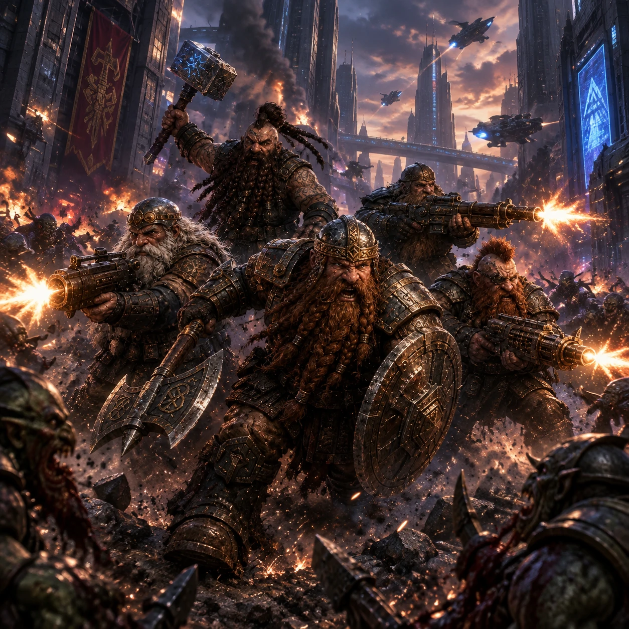 Armed dwarves battle through a fantasy city street at dusk