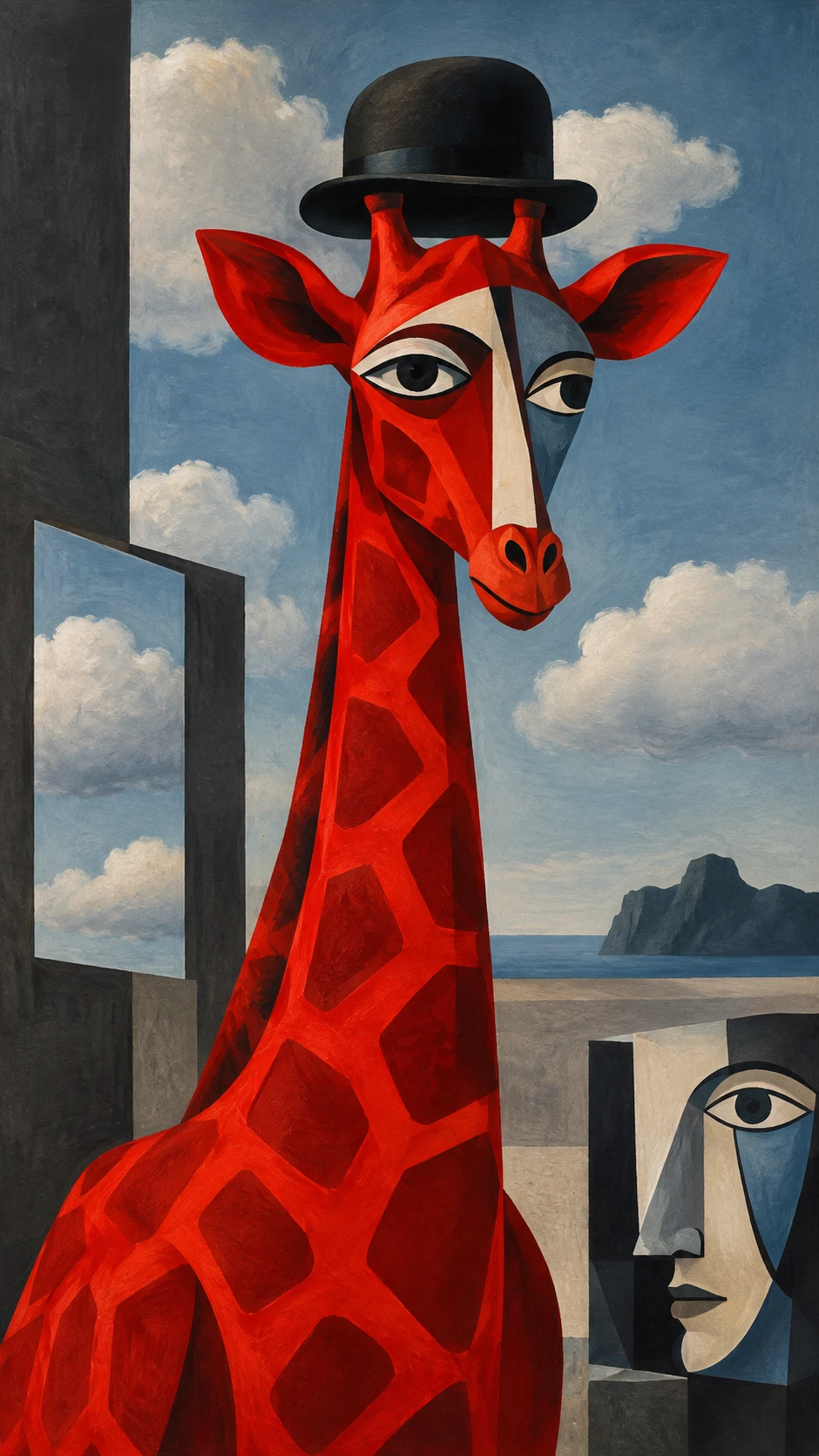 Surreal red giraffe painting in a fantasy inspired style