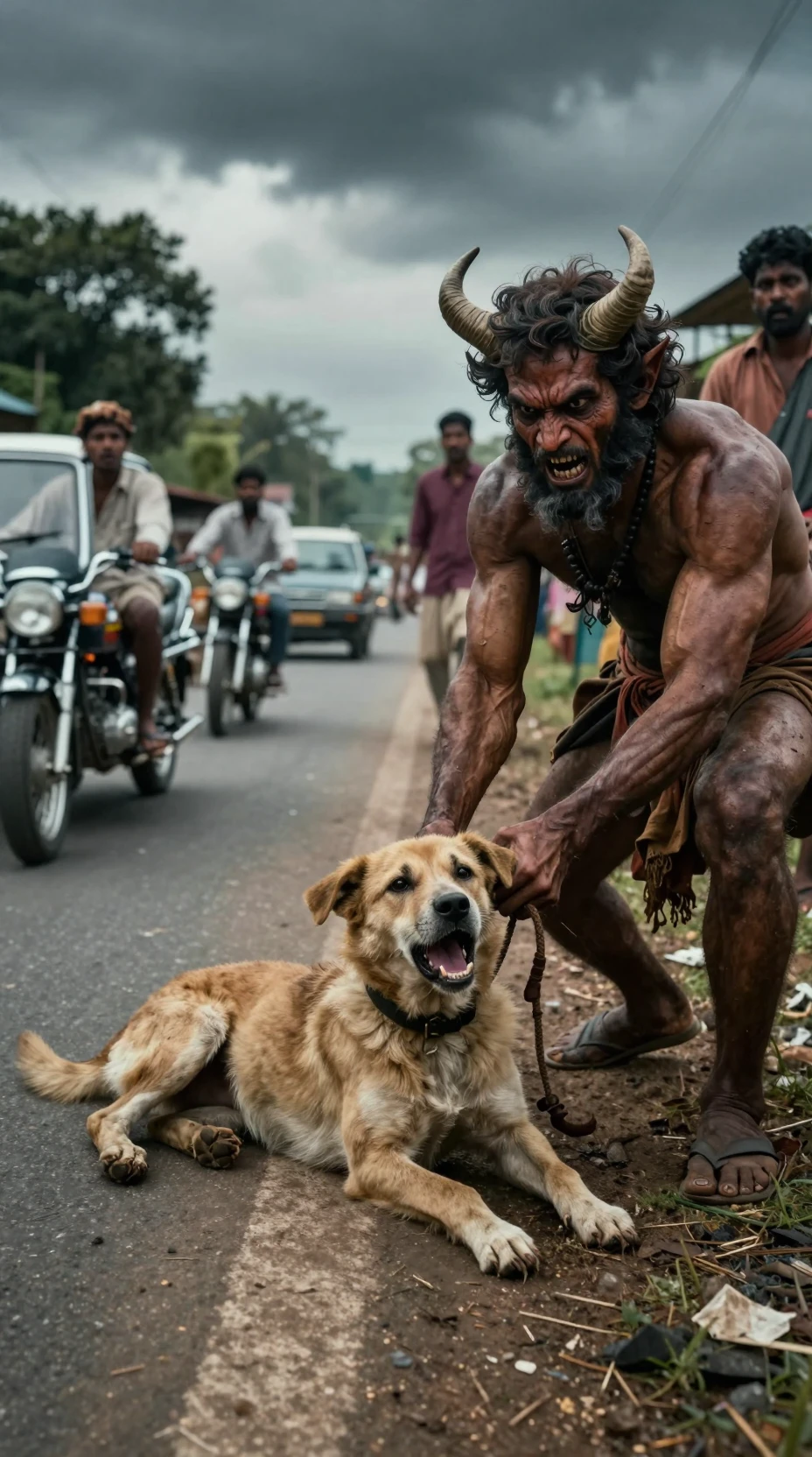 Terrified stray dog dragged by horned devil near village road