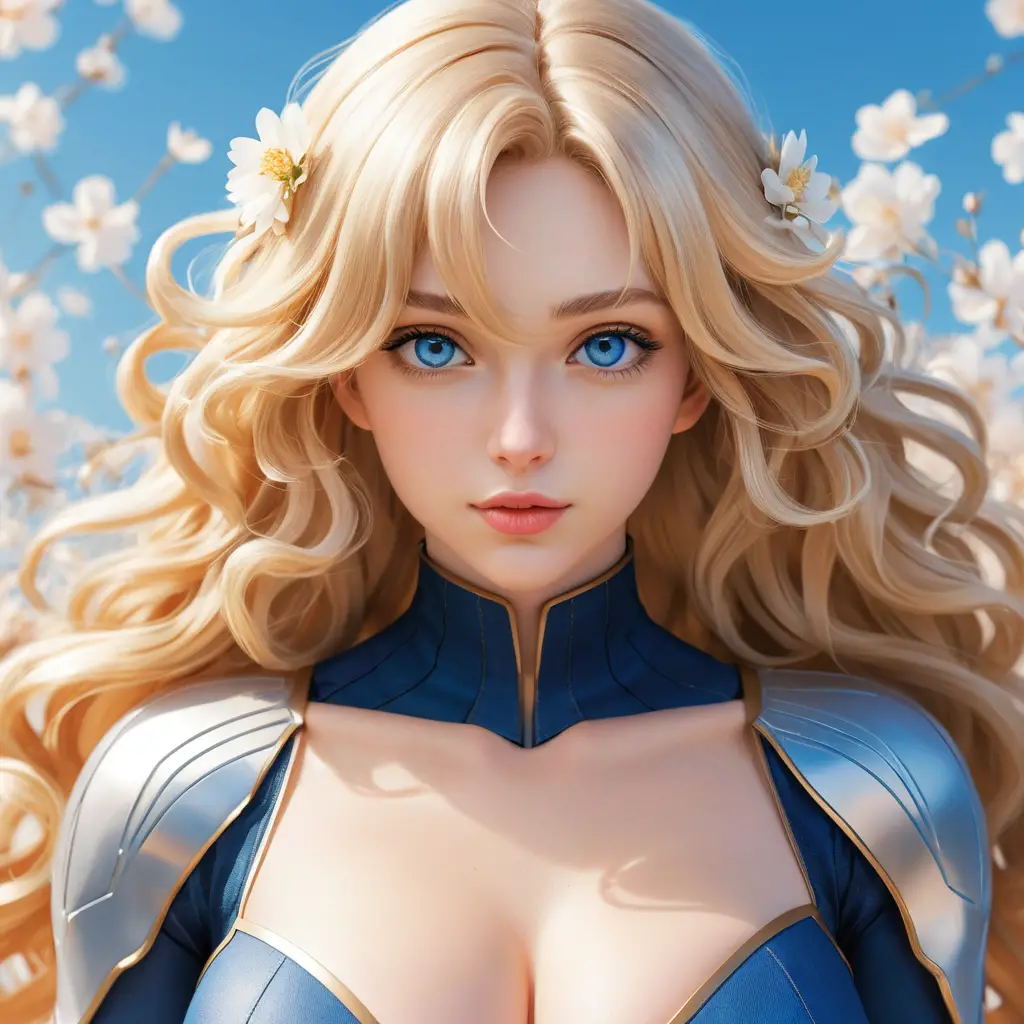 Atractiva mujer anime de ojos azules con fondo floral