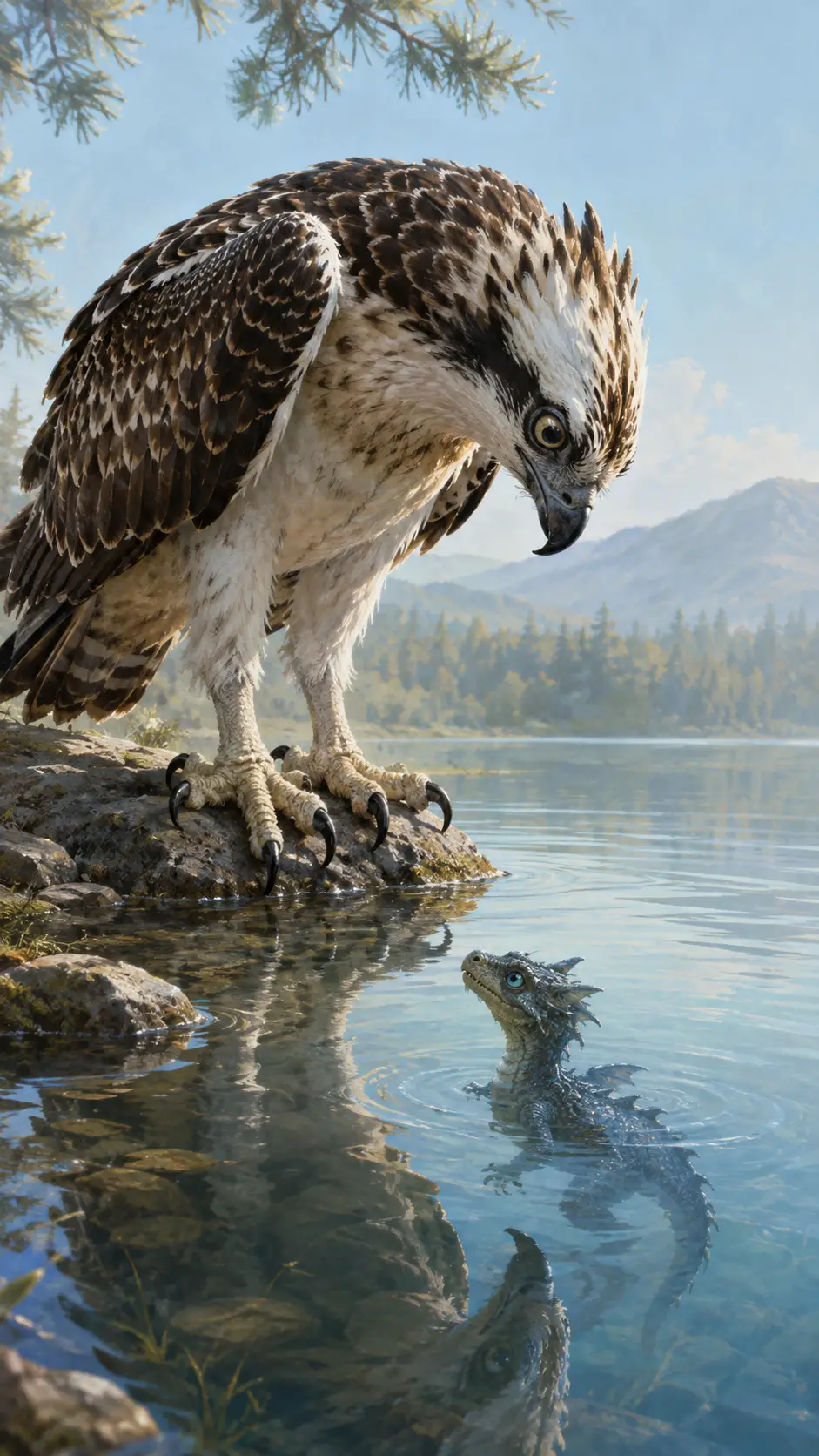 Young osprey at a quiet lakeshore with soft morning light