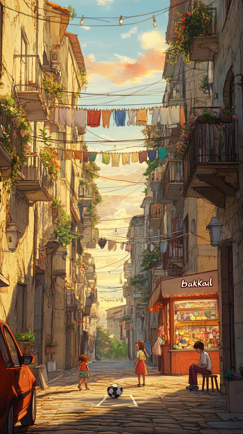 Anime sunset alleyway with children playing soccer