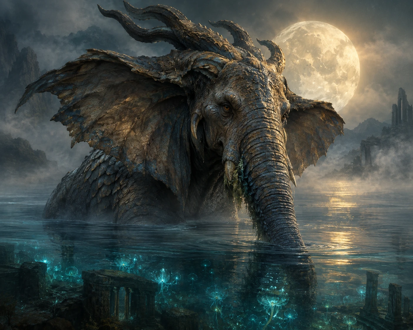 Ancient elephant dragon rising from a misty moonlit lake