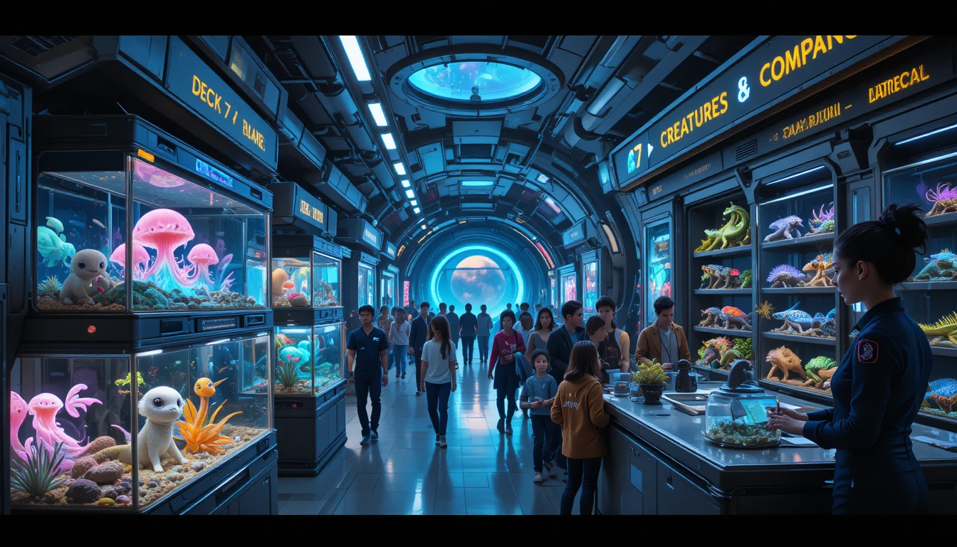 Futuristic spaceship pet shop filled with curious visitors