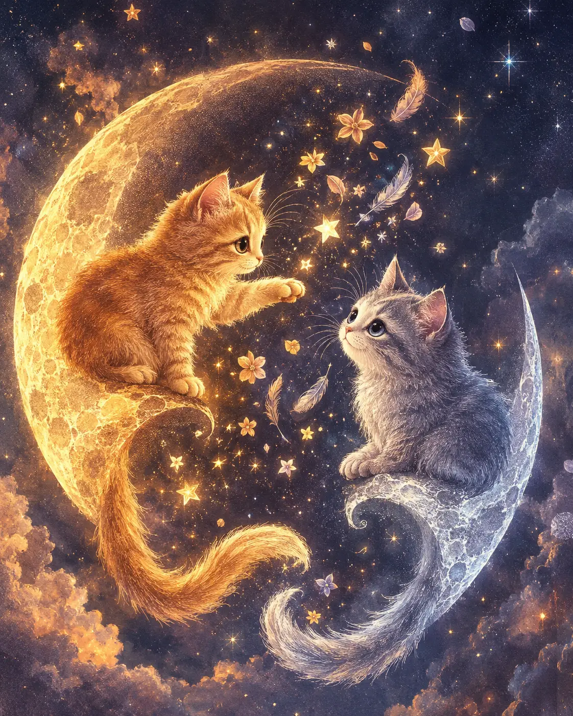 Two small cats divided by a glowing crescent moon
