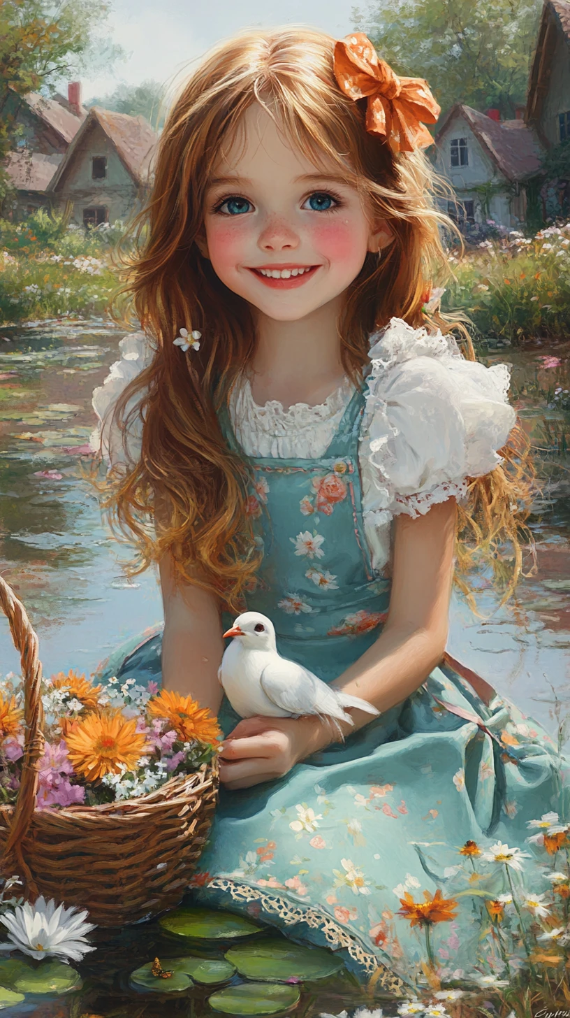 Niña sonriente junto a un estanque soleado con flores y pájaros