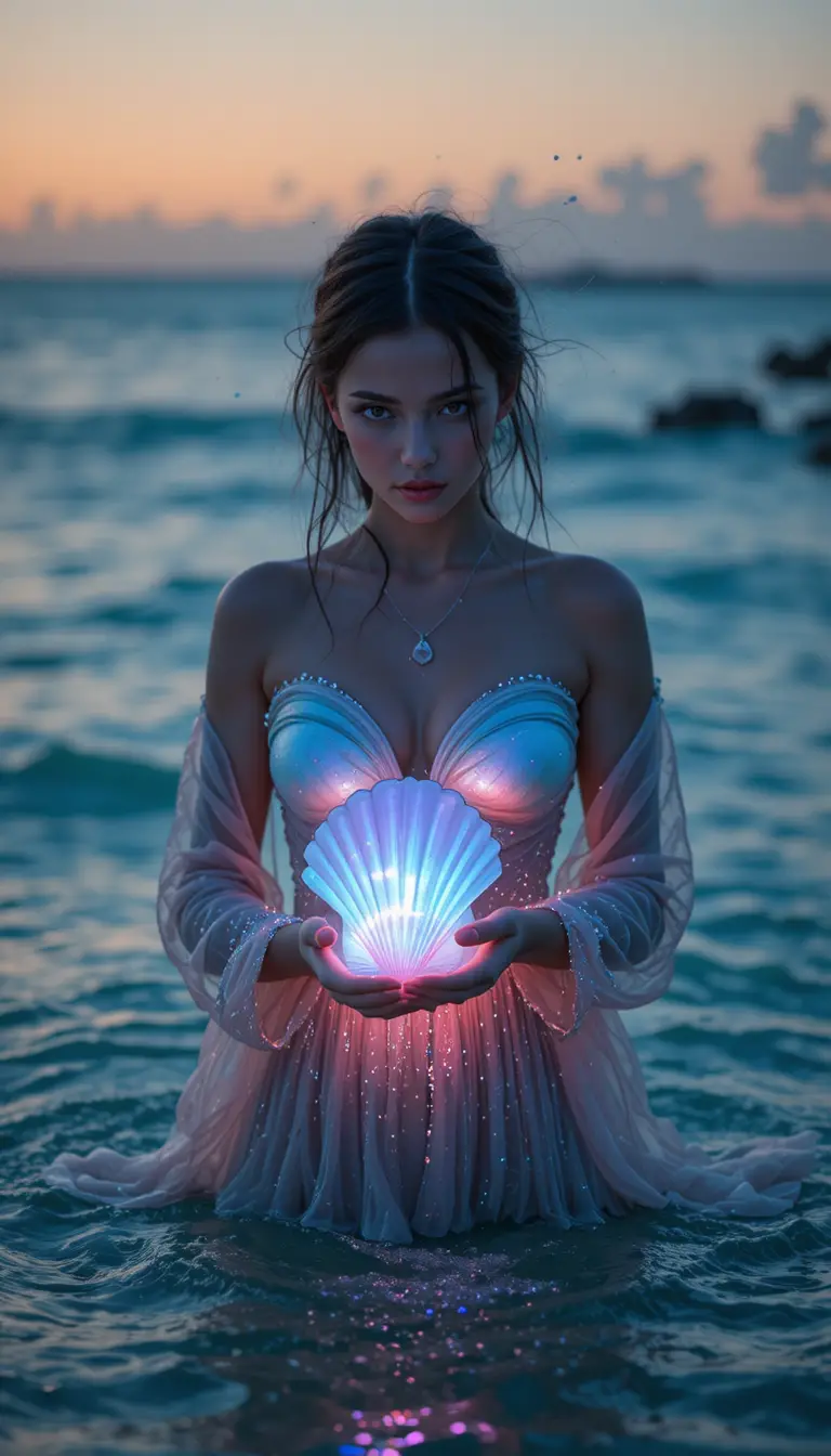 Woman with glowing conch shell in twilight ocean waters