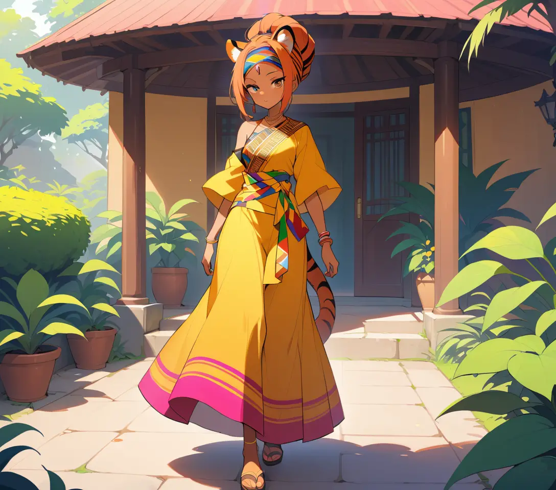 Regal African queen with tigress features in sunlit garden
