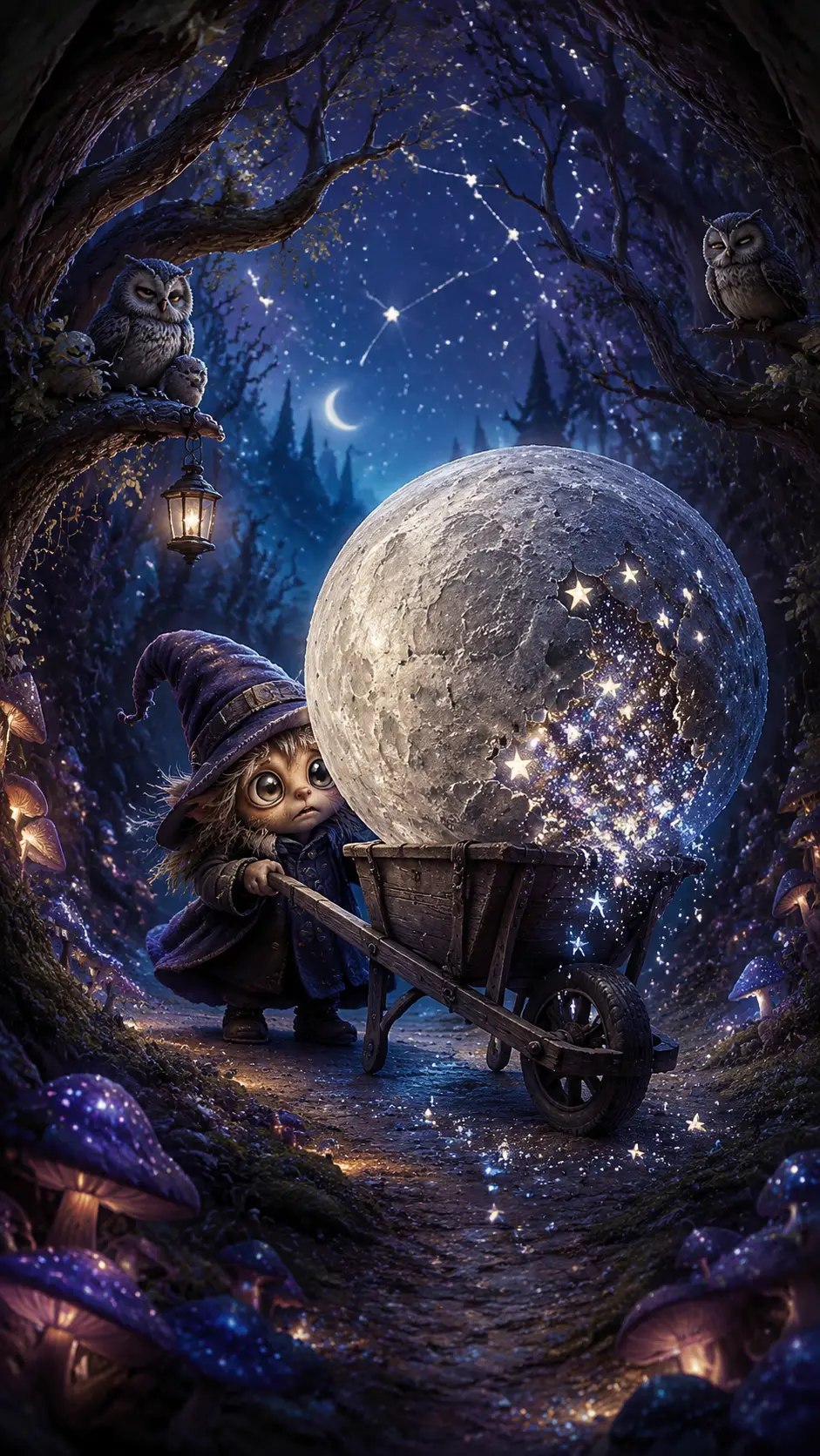 Tiny creature pushing a giant silver moon at night