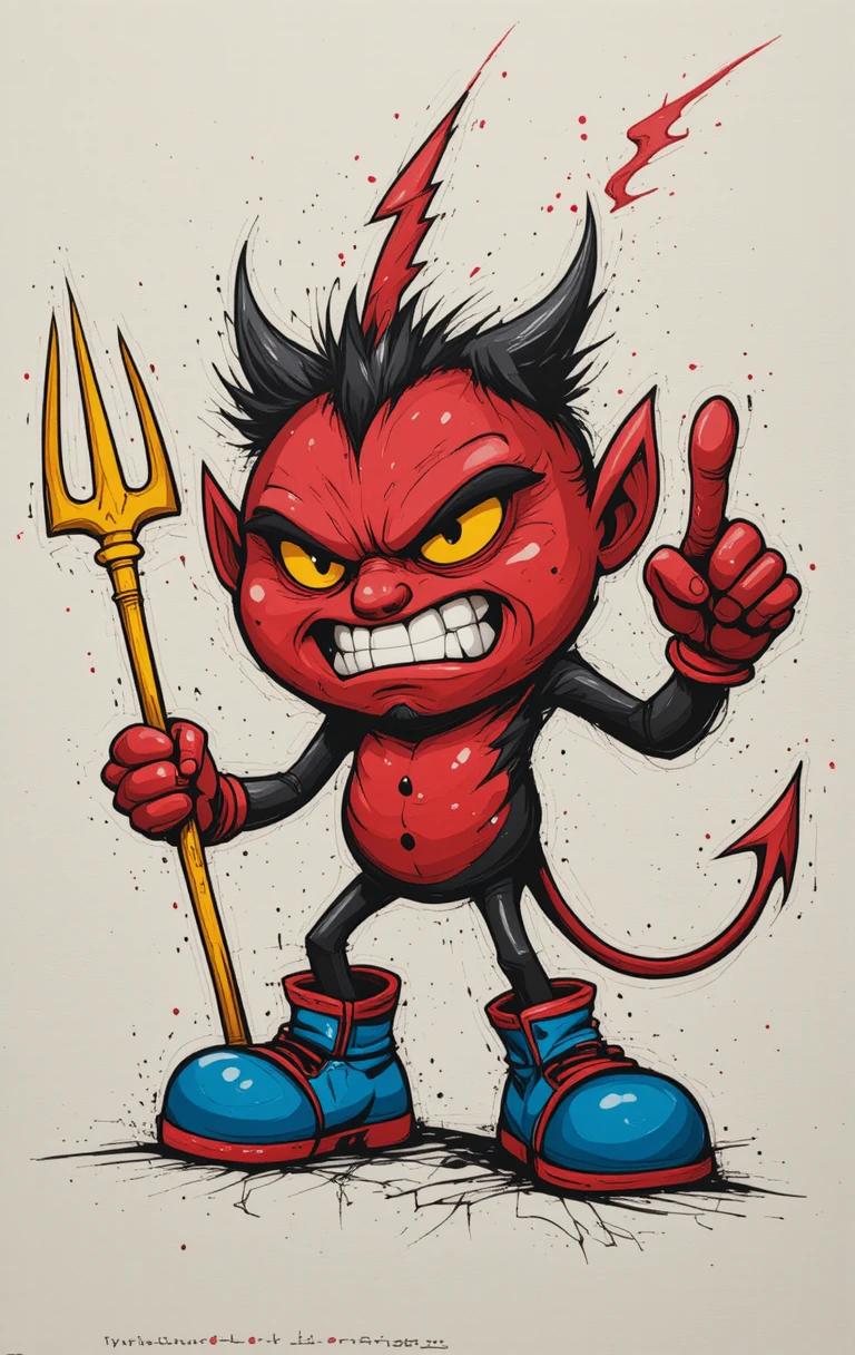 Cartoon red devil with trident and oversized blue shoes