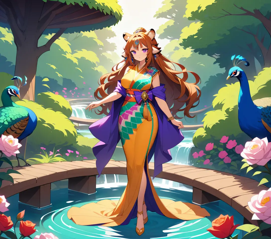 Mystical tigress woman in a violet eyed rose garden