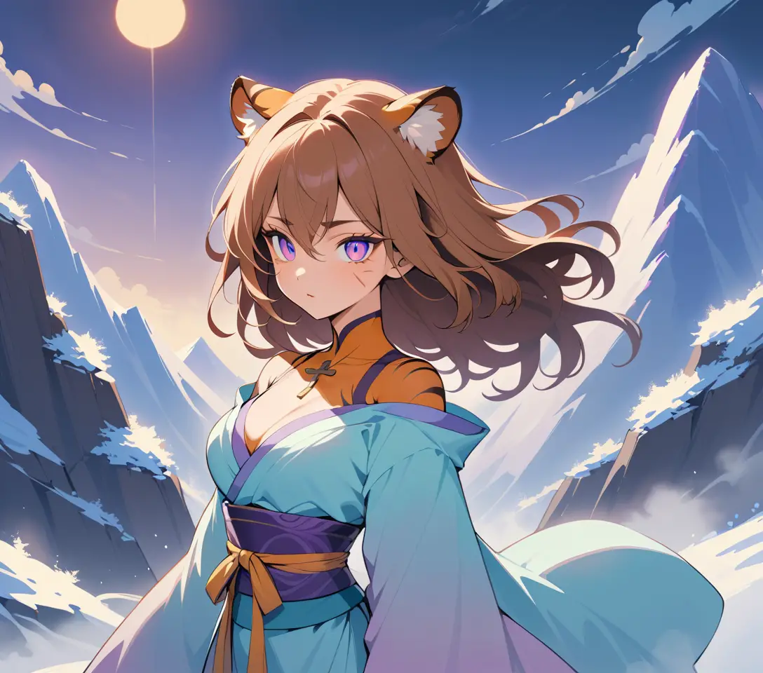 Mystical tigress woman on a foggy mountain path