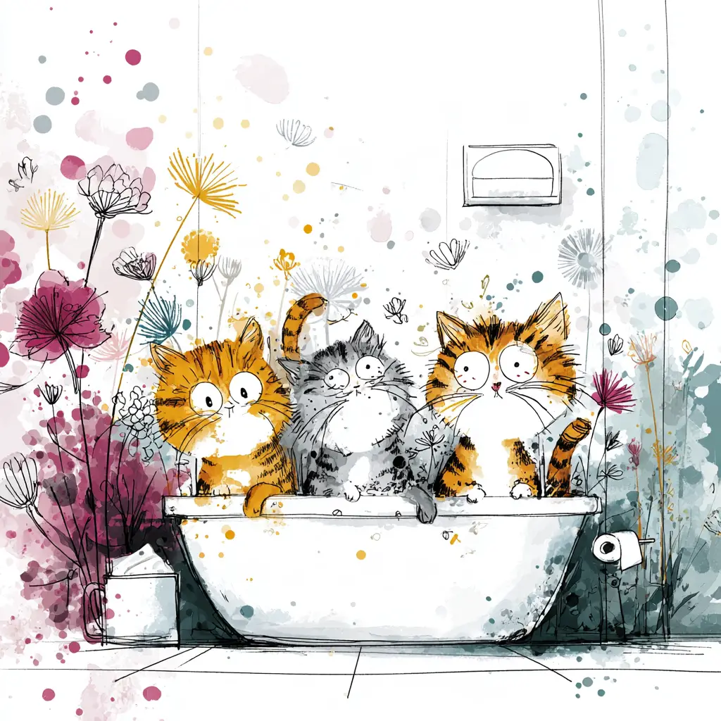 Playful kittens battling toilet paper in a fantasy bathroom