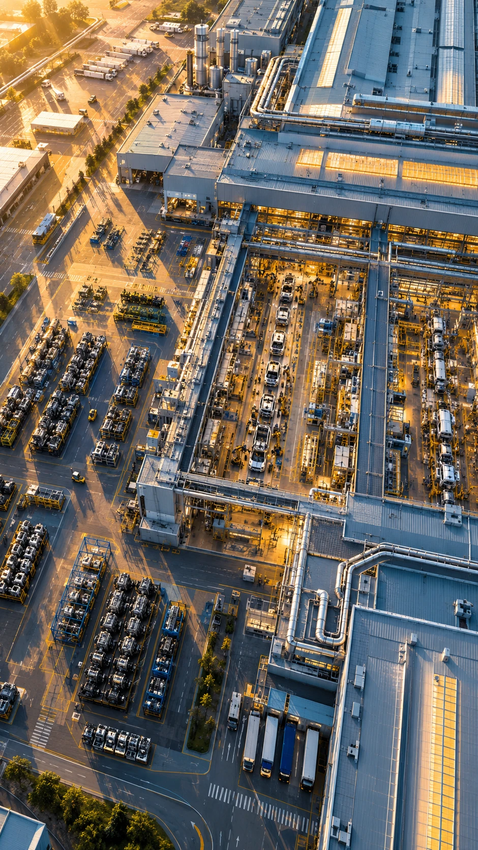 Aerial view of sprawling industrial automotive manufacturing complex