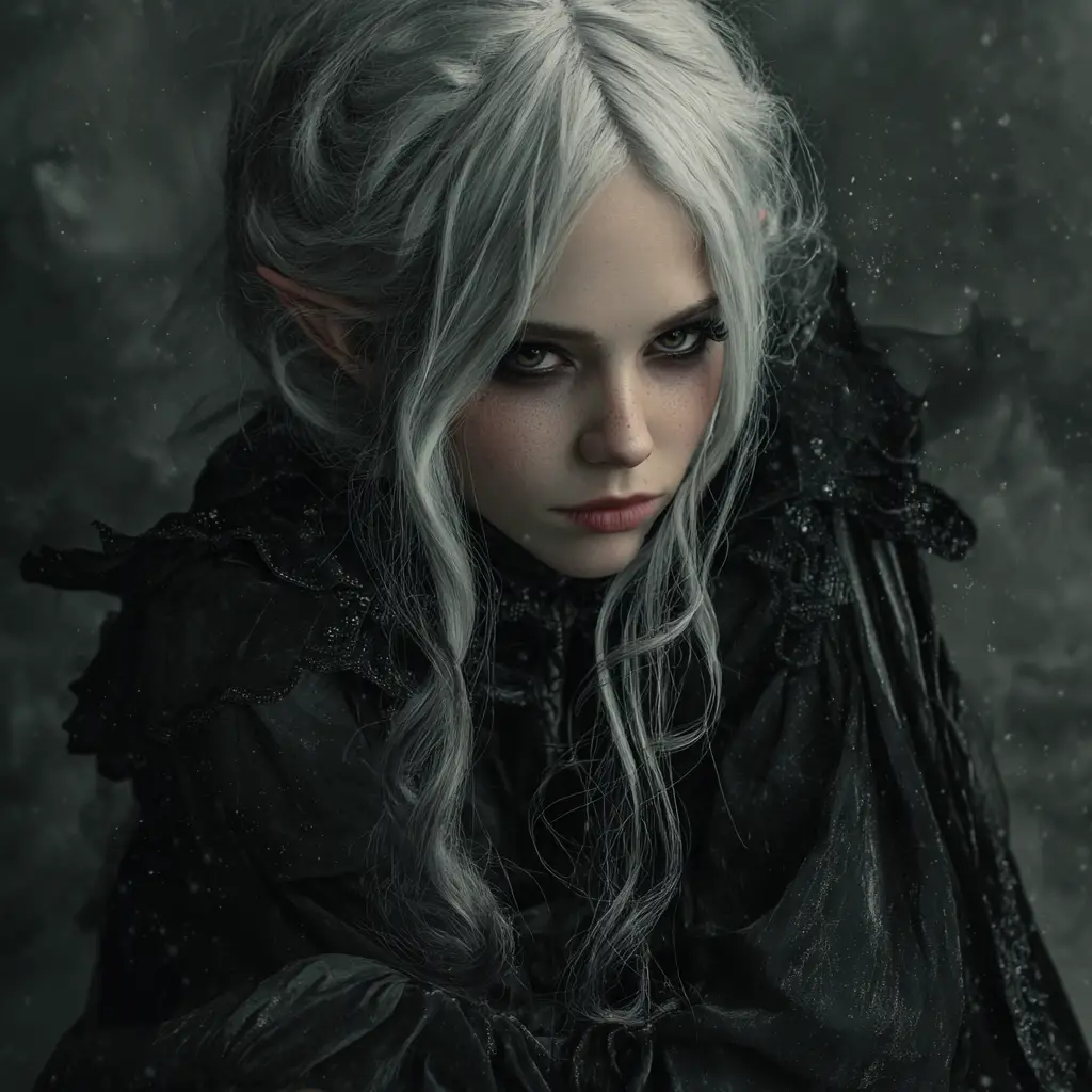 Tormented elf sorceress with ashen skin and dark robes