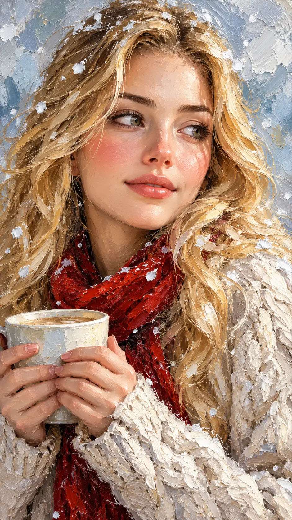 Winter oil portrait of a woman with coffee cup