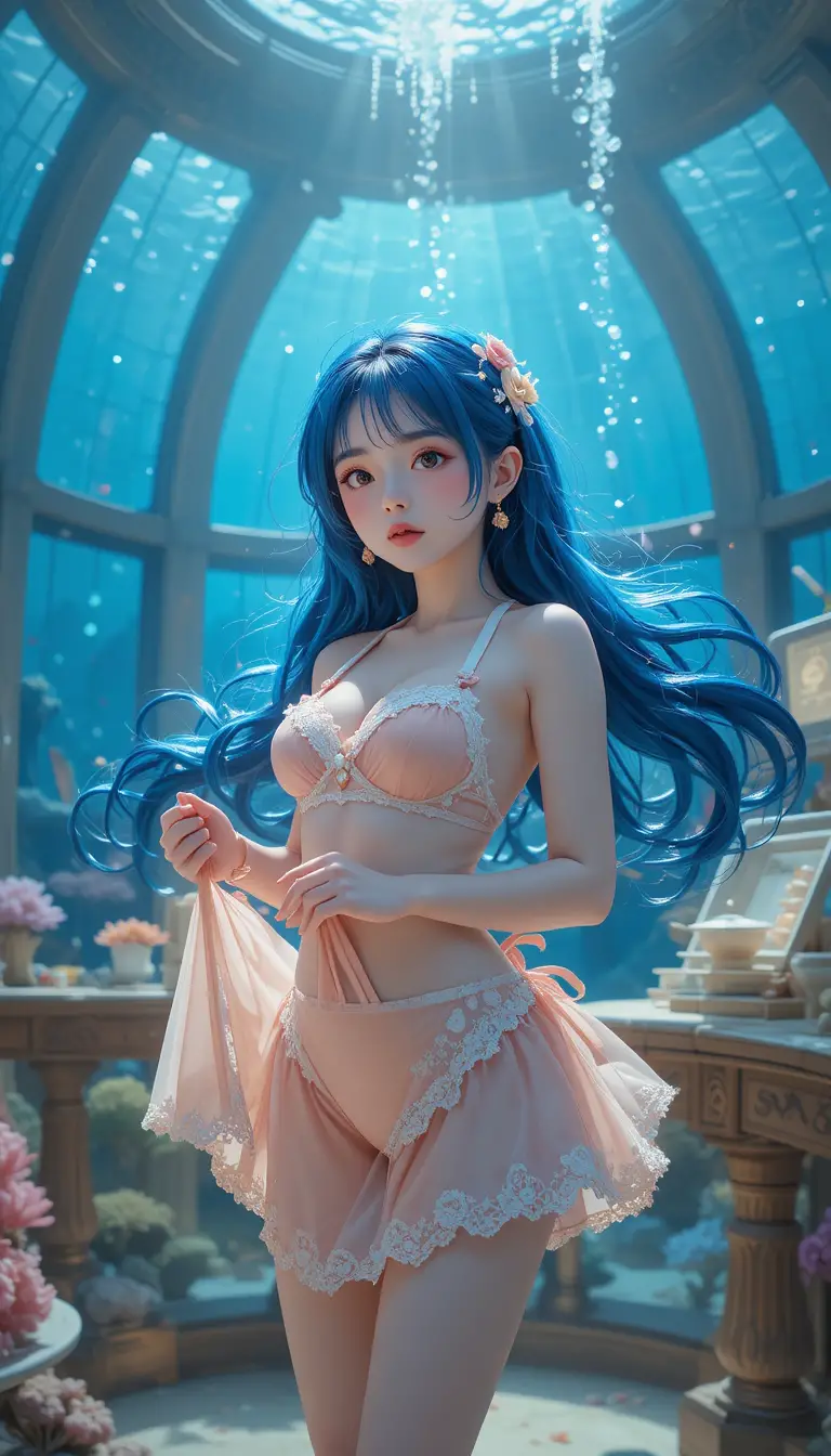Shy anime girl in bikini at underwater cooking exam hall