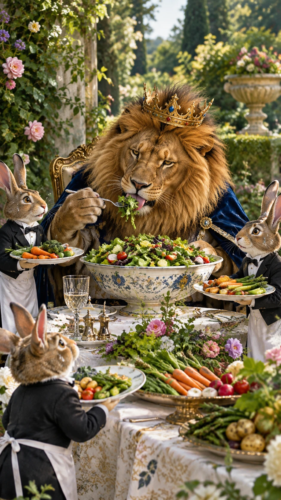 Majestic Lion Dining At A Garden Table Served By Rabbits