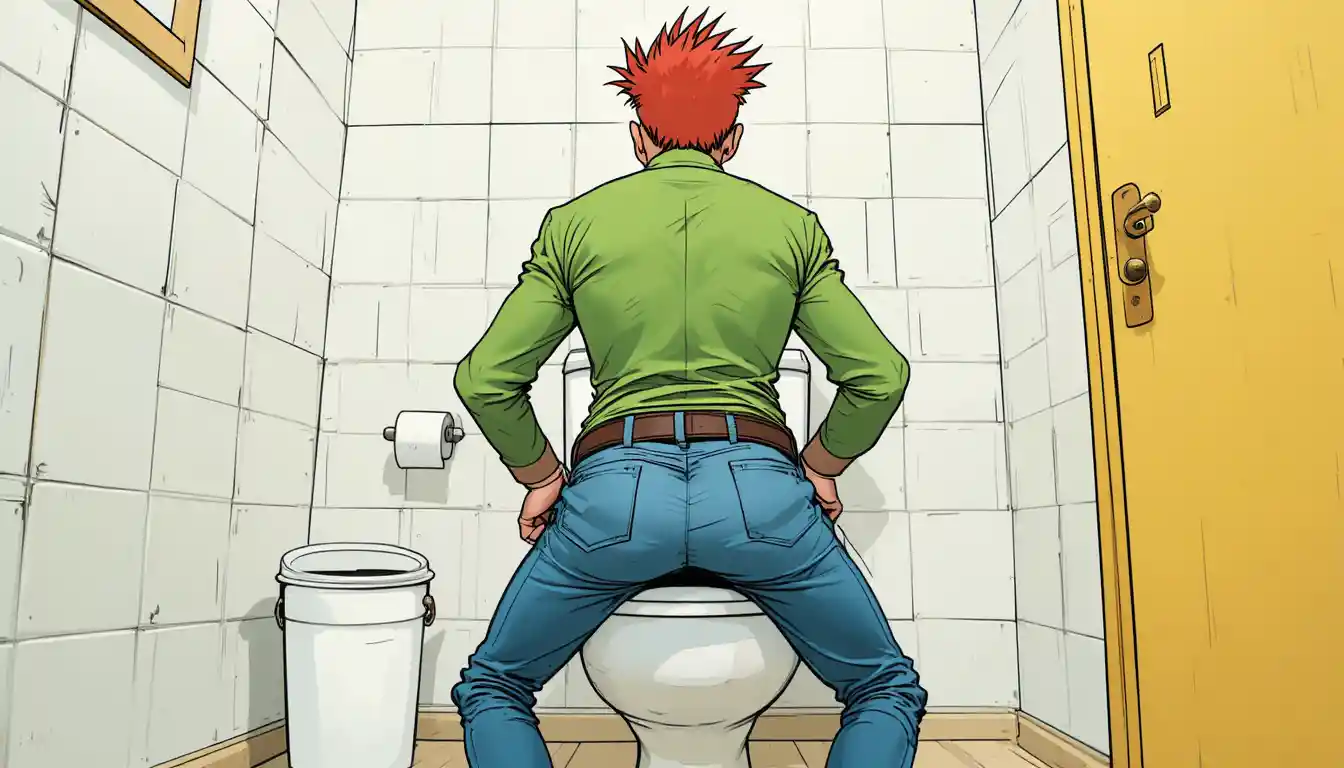 Homme de dessin animé sur les toilettes dans une petite salle de bain blanche